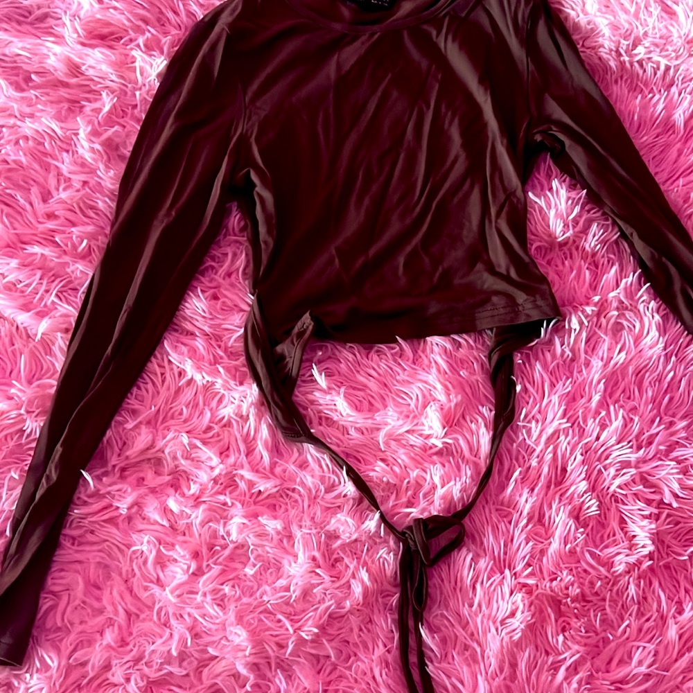 Basic brown back self tie long sleeve top